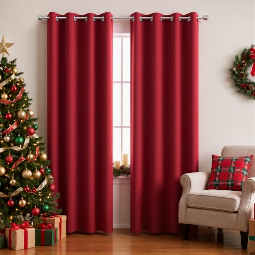 KOUFALL Christmas Curtains for Living Room,Black Out Curtain 96 Inches Long 2 Panel Set Red Blackout Decorative Window Treatments Thermal Curtains for Winter Insulated