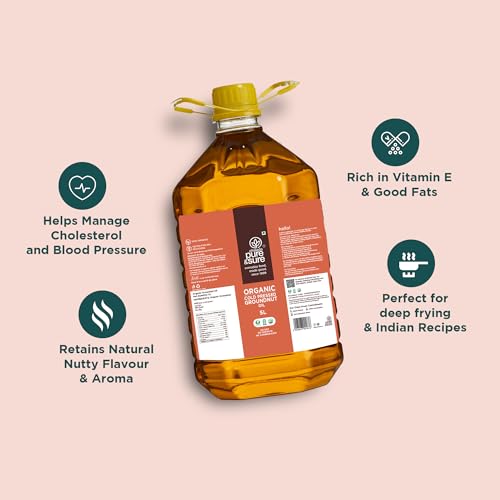 Image of Pure & Sure Organic Cold Pressed Groundnut Oil 5 Ltr | Peanut Oil /Sing Tel Edible for Cooking | Extracted on Wooden Churner | Nutrient Rich & Chemical Free