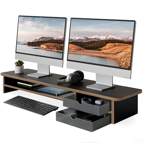 Image of Fenge Monitor Stand, Dual Monitor Riser, 42.5inch Large Desk Computer Monitor Stand Riser with Drawer, 2 Tier Wood & Acrylic Desktop Organizer with Cable Management