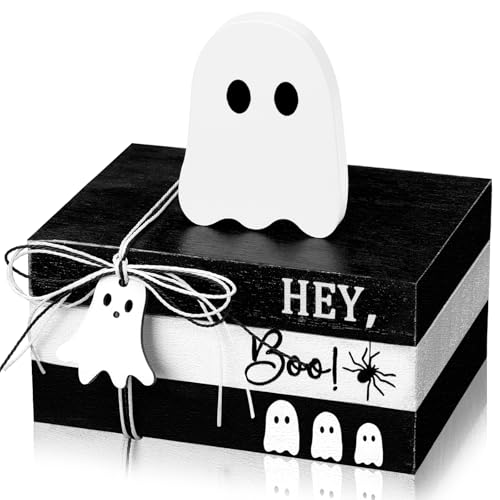4 Pcs Halloween Ghost Table Decorations Rustic Distressed Ghost Wooden Signs Farmhouse Halloween Tiered Tray Decor Mini Book Stack Centerpiece for Home Office Desk Shelf Mantel(White)