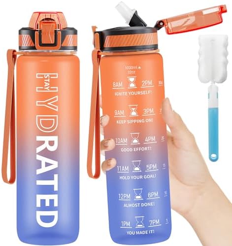QLUR Water Bottle with Straw, 1L Drinks Bottle with Time Markings-Tritan BPA Free-Sports Water Bottle Leakproof with Lock Cover, Motivational Water Bottles for Gym, Hiking, Fitness, Yoga (1 Bottle)