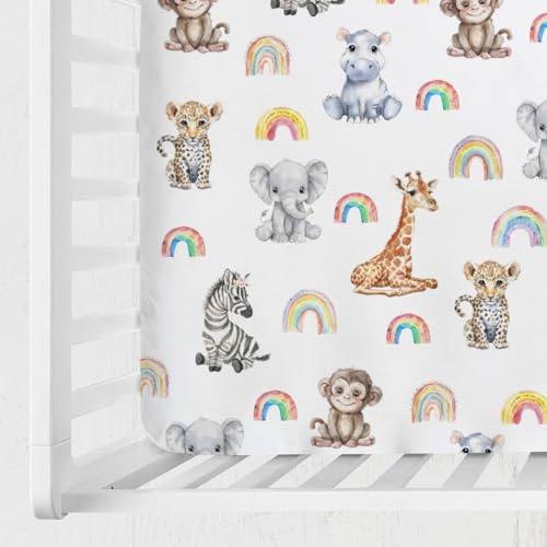 Image of Jungle Safari Animals Rainbow Baby Crib Sheets 52''x28'' Leopard Elephant Giraffe Zebra Hippo Monkey Stretchy Fitted Crib Mattress Cover for Boy Girl Zoo Bed Sheet for Standard Crib Toddler Mattress