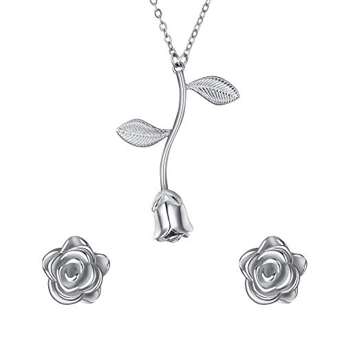 BriLove Vintage Rose Necklace Earrings Jewelry Set (925 Sterling Silver Pendant Necklace Stud Earrings Set for Women)