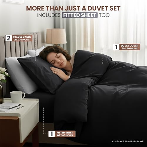 Image of Duvet Cover Queen, 4 PC Cotton Like Polyester with Zipper Closure, Black