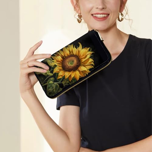 Image of Women's Wallets,Credit Card Holder Money Leather Long Wallet with Wristlet,Large Capacity with Zip-Around Phone Purse for Women Ladies Girls,Sunflower