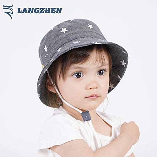 Langzhen Sun Protection Hat For Kids Toddler Boys Girls Wide Brim Summer Outdoor Hat Cotton Baby Bucket Hat With Chin Strap (Double Stars, L: 2T-4T (52Cm /20.5")) #TOP1