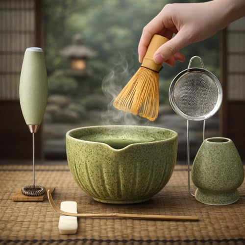 Matcha Whisk Set with Matcha Bowl - Matcha Set Included Electric Frother Bamboo Whisk Matcha Spoon Bamboo Holder Sifter Spoon Stand (Mottled Green)