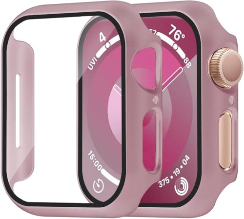 Image of Smiling 2 Pack Case Compatible with Apple Watch Series 9 /8 /7 41mm with Tempered Glass Screen Protector, Hard PC Case Overall Protective Cover- 1 Rose Gold + 1 Transparent