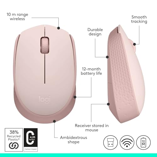 Image of Logitech M171 Wireless Mouse for PC, Mac, Laptop, 2.4 GHz with USB Mini Receiver, Optical Tracking, 12-Months Battery Life, Ambidextrous - Pink