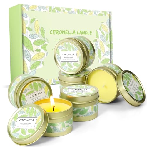 STRN Citronella Candles Outdoor, Scented Summer Soy Wax Candles, Lemongrass Candles for Outdoor&Indoor, Travel Tin Candles Set for Garden and Camping (6 Packs)
