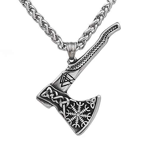 YOROOW Collar Hacha Batalla Vikinga, Colgante Acero Inoxidable Hacha Aegishjalmur, Amuleto N�rdico Aut�ntica Joyer�a Vikinga para Hombres