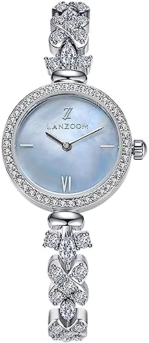 LANZOOM Women's Quartz Watch, Silver Round Diamond Blue Nacre Dial, Adjustable Jewelry Clasp with Zirconia-Encrusted Strap, 3ATM Water Resistance