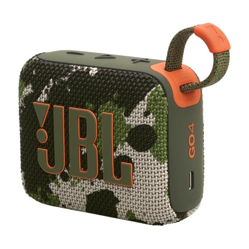 JBL GO 4, Enceinte Bluetooth ultra-portable, son JBL Pro, basses percutantes, 7 heures d'autonomie, fonction Playtime Boost, résistante à l'eau et à la poussière IP67, motif camouflage