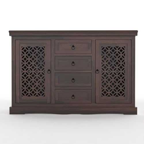 Image of Solid Sheesham Wood Sideboard and Cabinets | Wooden Side Board Media Console Tv Cabinet for Living Room | Free Standing Cabinet with 4 Drawers & 2 Door Cabinet Storage | Walnut Finish