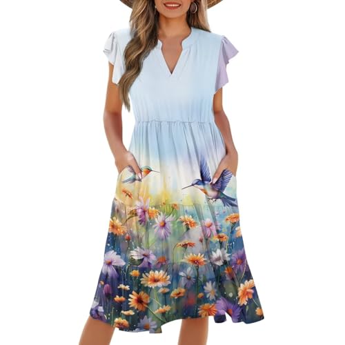 Image of Women's Casual Ruffle Sleeve Dress V Neck Pullover Dress Flowy A-Line Pleated Lightweight Dress with Pockets