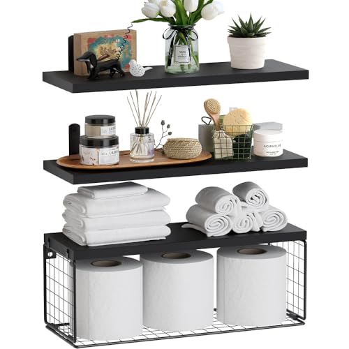 Lista de Dib los 5 mejores. 42 HAWOO Repisas Flotantes, 3PCS Repisas para Baño con Cesta de Alambre, Recamara, Cocina, Sala, Fáciles de Instalar, 40x15.2 CM (Negro)
