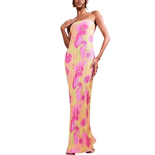 KMBANGI Womens Pink Floral Pleated Tube Maxi Dress Sleeveless Off Shoulder Strapless Backless Party Dress S, M, L, XL