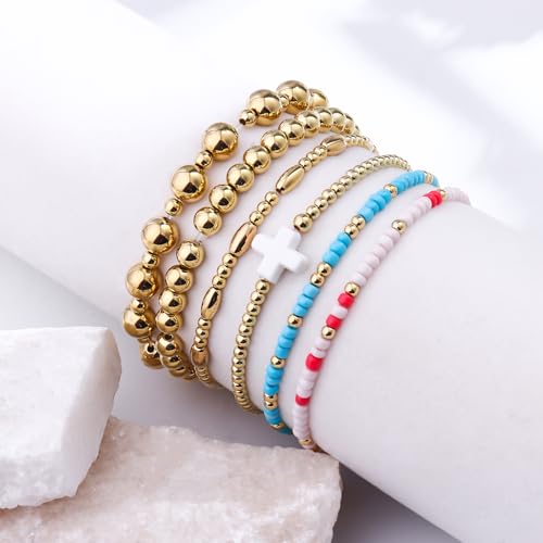 Gold Beaded Bracelets for Women: 14K Gold Bracelets for Women Trendy Dainty Gold Ball Bracelet Stack for Womens - Boho Stretch Bracelets Jewelry Sets with Cross Fashion Accessories Gifts for Women2