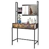 CHARMAID Rustic Vanity Table with 3-Height Adjustable Left or Right Mirror, Large Drawer, Cosmetic Brush Storage Bag Included, Sturdy Metal Frame, Industrial Style Makeup Dressing Table Writing Desk