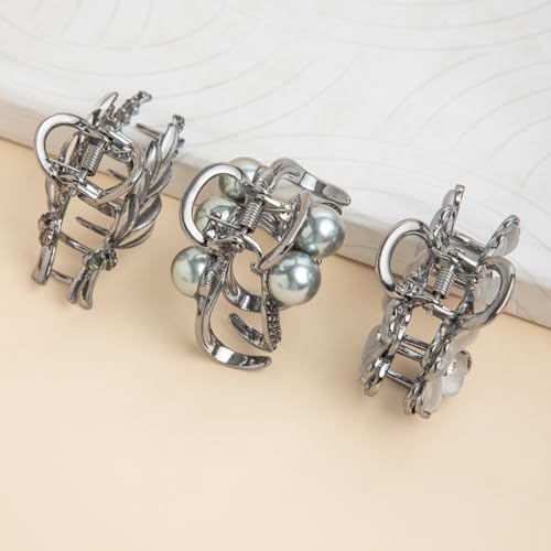 Image of Radhu & Kabby Hair Clips for Women | Stylish Mini Claw Clips | Elegant Floral, Pearl & Leaf Design Clutchers | Durable & Strong Grip | Metallic Grey Hair Accessories | Set of 3