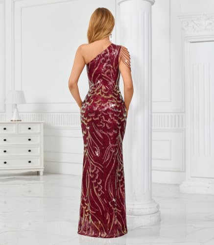 Image of Cololura Women Sequin Elegant Sexy One Shoulder Tassel Mermaid Bodycon Cocktail Evening Dress