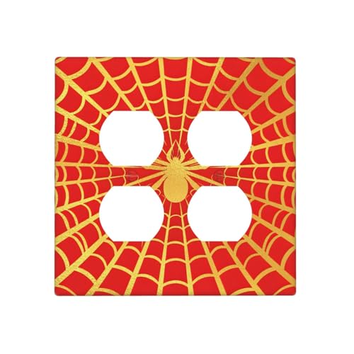 Decorative Outlet Covers Red Background with Golden Spiderweb Spider 2 Gang Outlet Cover Wall Plate Double Duplex Light Switch Cover Plate Switch Plate Covers for Bedroom Decor