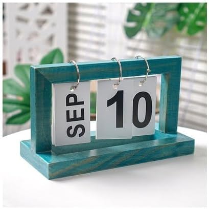 Yaasier Flip Wooden Calendar, Wooden Perpetual Calendar, Reusable Vintage Desk Calendar for Decoration Office, Home Table, Home Study Room, Dormitory, Desktop Decoration, Ornament, Photo Props (Blue)