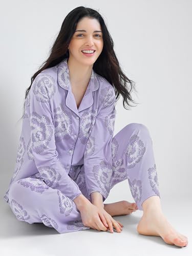 Image of Night Suit for Womens Floral Printed Modal Night Dress of Shirt and Pajama Set 9365