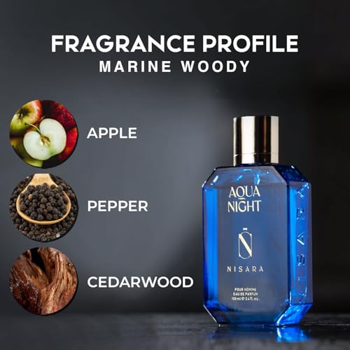 Image of Nisara Aqua Night EDP Perfume for Men,100ml | Premium, Long Lasting Eau De Parfum | Fresh Aquatic Fragrance with Pineapple, Apple, Rose, Sandalwood & Musk Notes for Him