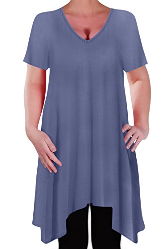 Image of Eye Catch - Olivia Womens Casual V Neck Long Tunic Uneven Hem Plus Size Ladies Flared Top Denim Blue Size 26-28