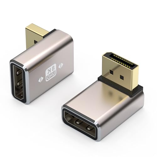 VMOJO 2er-Pack DisplayPort Adapter, Legierungsgehäuse 8K UHD HDR Displayport (DP) 1,4 90 Grad nach unten abgewinkelter Stecker auf Buchse Extender-Verlängerungsstecker-Konverter 8K@60Hz/4K@144Hz