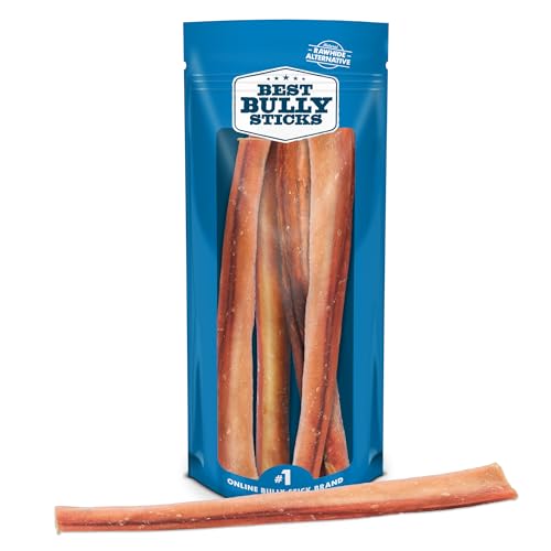 Best Bully Sticks Natural Jumbo 12 Inch Bully Sticks - 4 Count (Pack of 1) - Natural Grain Smoky Aroma No Additives Grass-Fed Rawhide Free Dog Treats