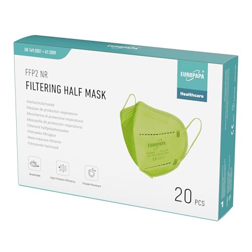 EUROPAPA® 20x FFP2 Gruen Masken Atemschutzmaske 5-Lagen Staubschutzmasken hygienisch einzelverpackt Stelle zertifiziert EN149:2001+A1:2009 Mundschutzmaske EU2016/425