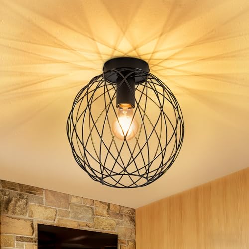 Glitzerlife Deckenlampe Industrial Deckenleuchte Schwarz - Flurlampe Modern Vintage Runde Ø 20CM E27 1 Flammig Lampenschirm Retro Metall Wohnzimmerlampe Käfig Gitter Korride Küche Schlafzimmer