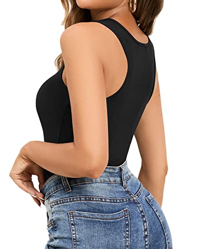 Mangopop Bodysuit For Women Scoop Neck Sleeveless Ribbed Racerback Tank Tops (Large, A Racerback Black) #TOP2