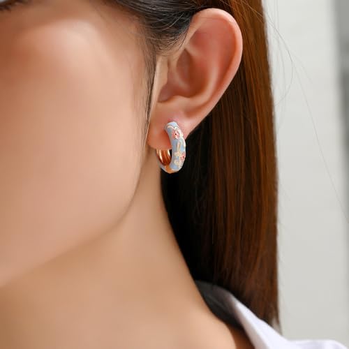 Vintage Enamel Huggie Hoop Earrings for Women Elegant Enamel Flower Hoop Earrings Dainty Colorful Flower Hoop Earring Trendy Huggie Hoop Earring Jewelry for Women2
