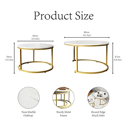 AT-VALY Coffee Table Set of 2 Nesting Tables,Round Sofa Table for Living Room, (D) 31.5" x(H) 18.5", (D) 23.6" x(H) 15.3" (Gold & White) by AT-VALY - Image 4