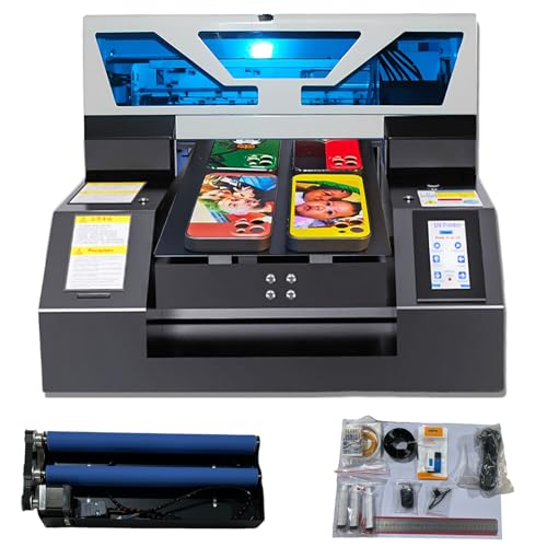 UV Printer, A4 L1800 DTG Printer T-Shirt Machine with Touch Screen, UV Flatbed Printers with Bottle Holder & White Ink Mixing for T-Shirt Bottles Acrylic Phone Case Crystal Leather Metal Glass