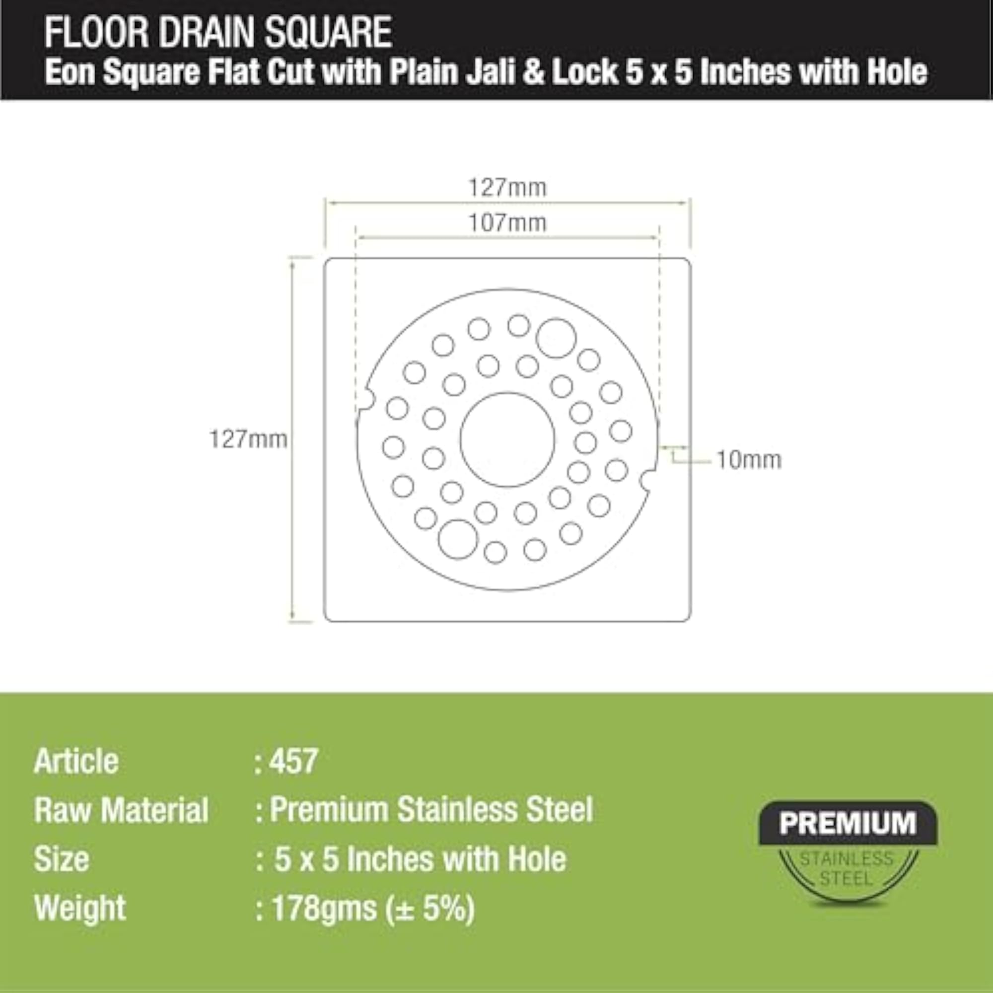 5 x Inches Stainless Steel Eon Square Flat Cut Drain