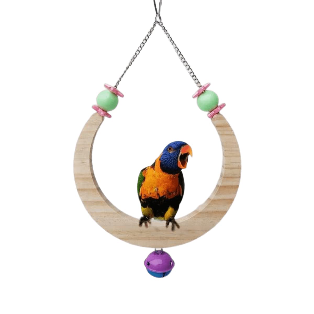 Bird Swing Toy Bird Perch Parrot Cage Hammock Swing Wooden Moon Shape Perch Stand Rack Bird Chewing Biting Tearing Climbing with Stainless Steel Hanging Chain (A,Small)