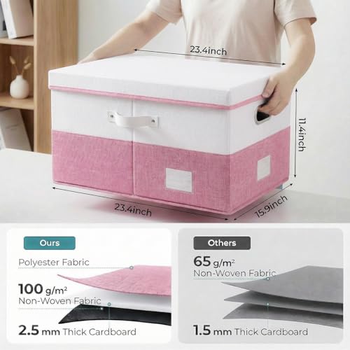 Image of PRANDOM Storage Bins with Lids [3-Pack] Linen Fabric Foldable Storage Boxes Organizer Containers Baskets Cube with Cover for Bedroom Closet Office White&Pink (23.4X15.9X11.4)