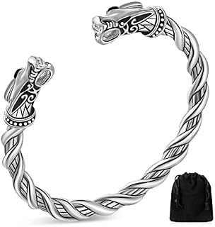 Arm Rings Viking Bracelet for Men Double Dragon Head Adjustable Norse Viking Bracelet Silver Cuff Bangle Dragon Head Twisted Bracelet Cool Polished Pagan Jewelry Protection