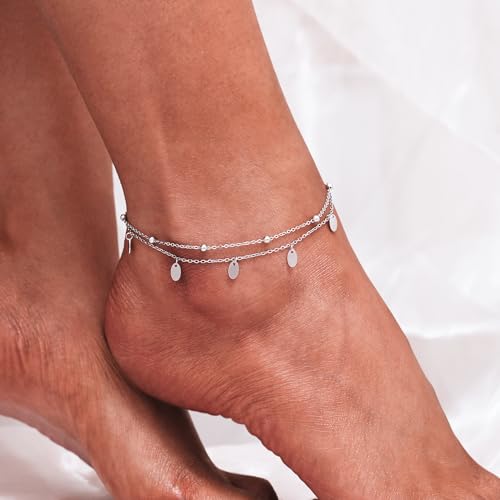 Image of CHIC & ARTSY 925 Sterling Silver Ankle Bracelets for Women, Adjustable Double Layer Chain Anklets, Minimalist Lightweight Foot Jewelry for Beach & Everyday Wear
