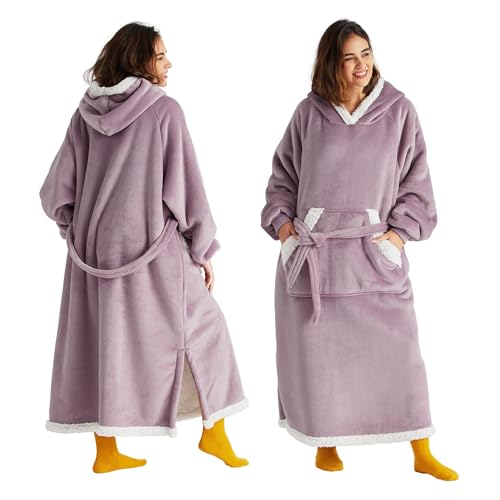 Image of Bedsure Wearable Blanket Hoodie, Long Hooded Blanket Sweatshirt as Christmas Birthday Gifts for Women, Cozy Sherpa Hoodie for Adult, Small, Lavender