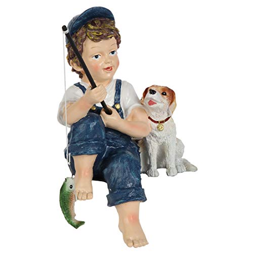 Lily's Home Fishing Little Boy With Dog. Mini Outdoor Yard Figurine 11 Inch #TOP4