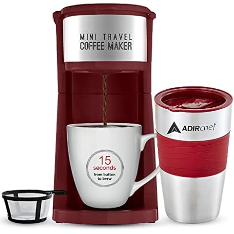 AdirChef Single Serve Mini Travel Coffee Maker & 15 oz. Travel Mug Coffee Tumbler & Reusable Filter for Home, Office, Camping, Portable Small and Compact for Fathers Day (Ruby Red) Cover