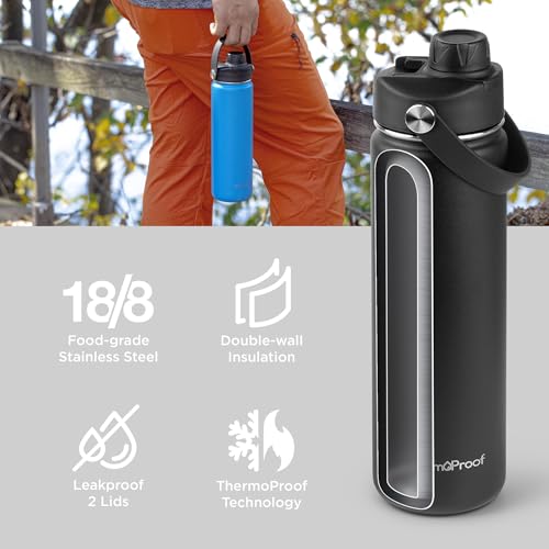 Image of ThermoProof Double-Walled Vacuum Insulated Stainless Steel Water Bottle - Wide Mouth with Chug & Spout Lids, Dishwasher Safe, Reusable, Leakproof, Hot & Cold for Men, Women & Kids - 22oz, Black