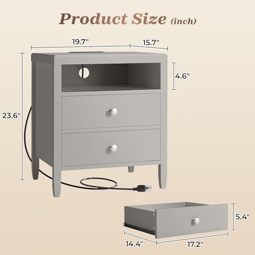 Image of Huuger Grey Nightstand Set of 2, Night Stand with Charger Station