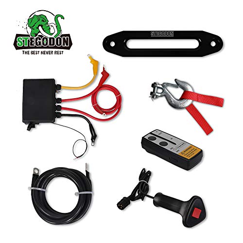 STEGODON 9500 lb. Load Capacity Electric Winch,12V Waterproof IP67 Electric Winch with Hawse Fairlead, Synthetic Rope Winch with Wireless Handheld Remote and Wired Handle
