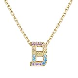 Just Being Cute Collar con inicial chapado en oro de 14 quilates con circonita cúbica arcoíris 5A, hipoalergénica, plata de ley, joyería de letras coloridas para cumpleaños, boda, inicial A-Z